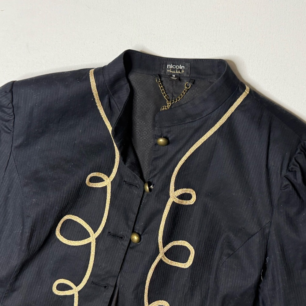 Nicole Miller Military Band Jacket Black Gold Trim Cropped Blazer Size 16 - Picture 7 of 9
